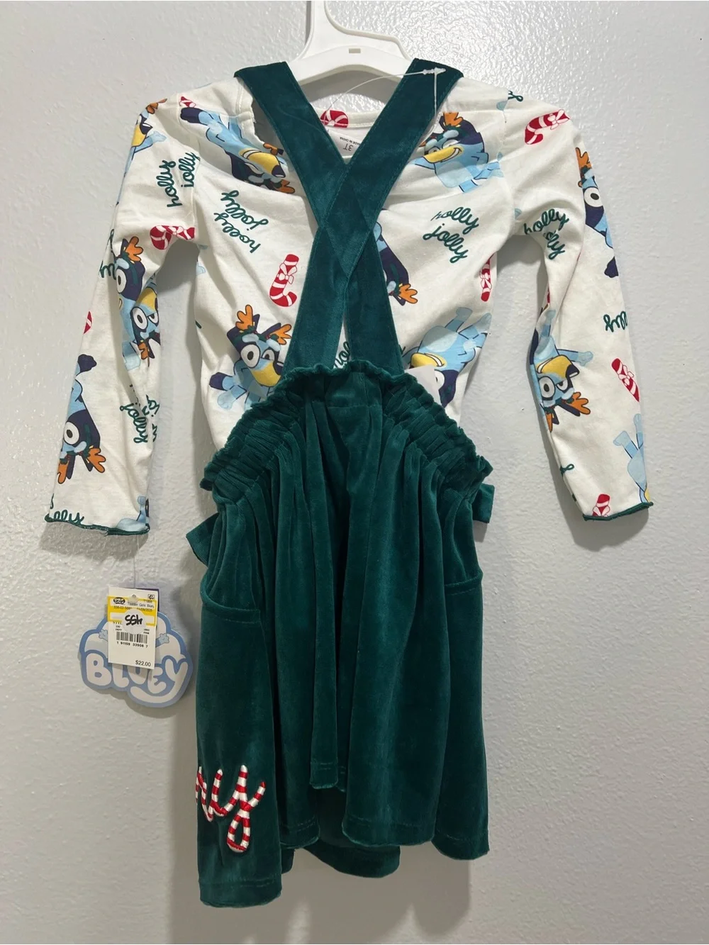 Bluey Velvet Suspender Dress Set with Holiday Print Top - Size 3T